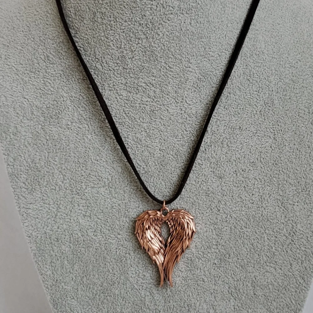 Mens copper angel wings black suede necklace